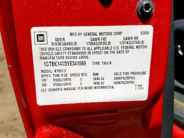 1GTEK14V3YE341869 - 2000 GMC NEW SIERRA RED photo 10