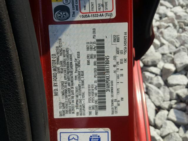 3FAHP0KC1BR178045 - 2011 FORD FUSION SPO RED photo 10