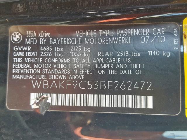 WBAKF9C53BE262472 - 2011 BMW 335 XI BLACK photo 10