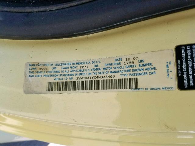 3VWCD31YX4M333460 - 2004 VOLKSWAGEN NEW BEETLE Sarı foto 10