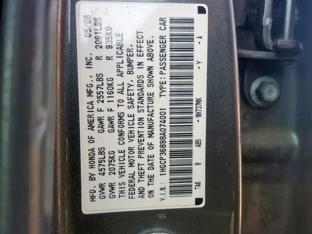 1HGCP36898A074001 - 2008 HONDA ACCORD EXL GRAY photo 10