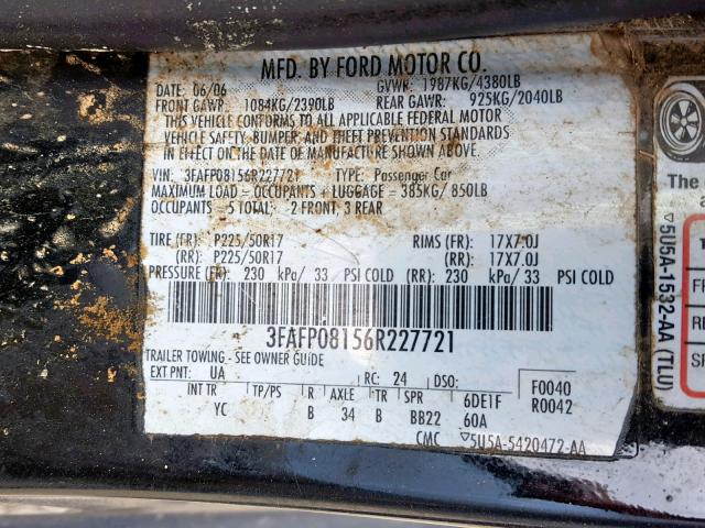 3FAFP08156R227721 - 2006 FORD FUSION SEL BLACK photo 10