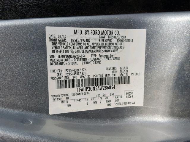 1FAHP3GN5AW286854 - 2010 FORD FOCUS SES SILVER photo 10