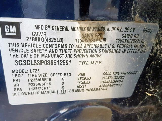 3GSCL33P08S512591 - 2008 SATURN VUE XE BLUE photo 10