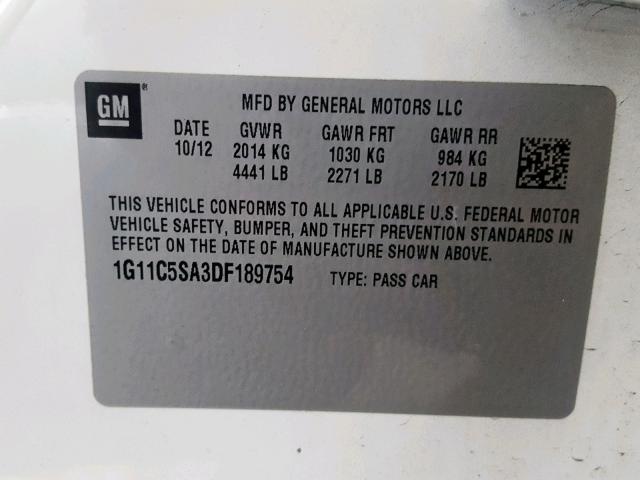 1G11C5SA3DF189754 - 2013 CHEVROLET MALIBU 1LT 白色 照片 10