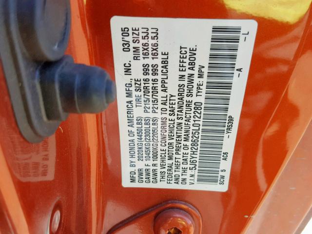 5J6YH28625L012280 - 2005 HONDA ELEMENT EX ORANGE photo 10