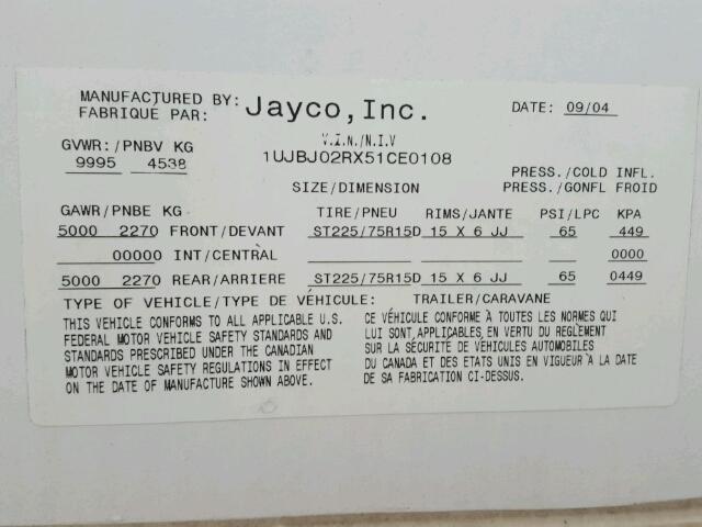 1UJBJ02RX51CE0108 - 2005 JAYCO EAGLE  WHITE photo 10