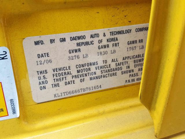 KL1TD66667B761654 - 2007 CHEVROLET AVEO BASE Sarı foto 10