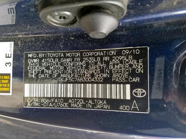 JTKJF5C76B3004332 - 2011 TOYOTA SCION TC 蓝色 照片 10