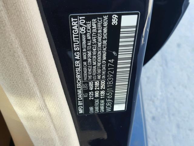 WDBJF65J11B392174 - 2001 MERCEDES-BENZ E 320 BLUE photo 10