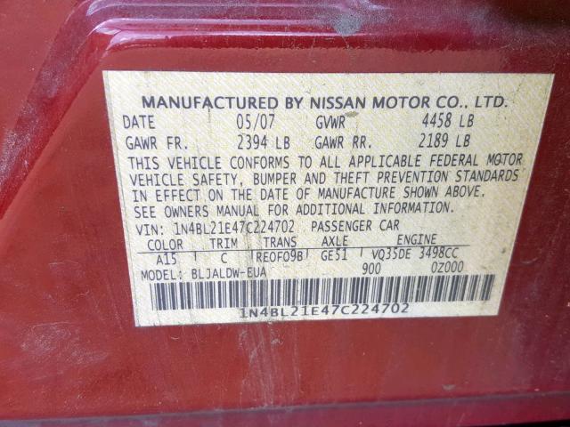 1N4BL21E47C224702 - 2007 NISSAN ALTIMA 3.5 RED photo 10