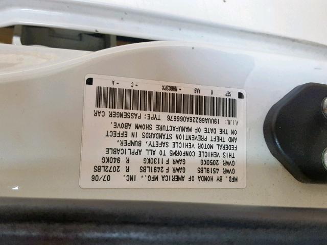 19UUA66226A066676 - 2006 ACURA 3.2TL WHITE photo 10