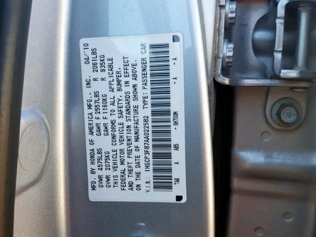 1HGCP3F87AA022582 - 2010 HONDA ACCORD EXL SILVER photo 10