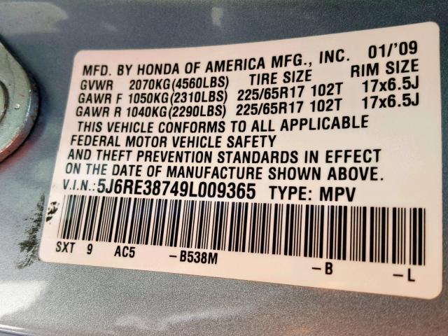 5J6RE38749L009365 - 2009 HONDA CR-V EXL BLUE photo 10