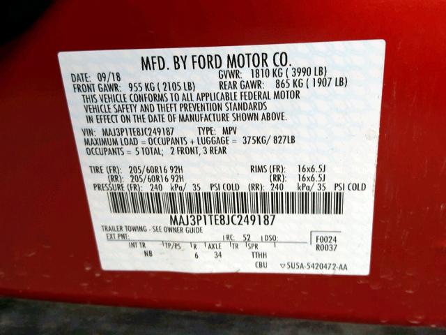 MAJ3P1TE8JC249187 - 2018 FORD ECOSPORT S RED photo 10