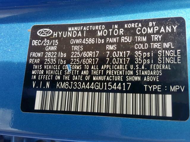 KM8J33A44GU154417 - 2016 HYUNDAI TUCSON LIM BLUE photo 10