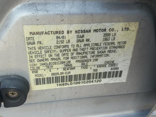 1N4DL01D91C204120 - 2001 NISSAN ALTIMA XE SILVER photo 10