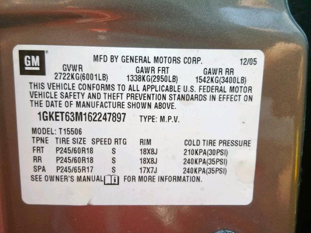 1GKET63M162247897 - 2006 GMC ENVOY DENA GRAY photo 10