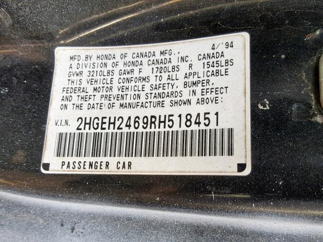 2HGEH2469RH518451 - 1994 HONDA CIVIC DX WHITE photo 10