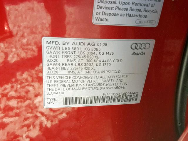 WA1BY74LX8D048425 - 2008 AUDI Q7 3.6 QUA RED photo 10