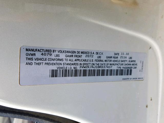 3VW2K7AJ1BM337437 - 2011 VOLKSWAGEN JETTA BASE 银色 照片 10