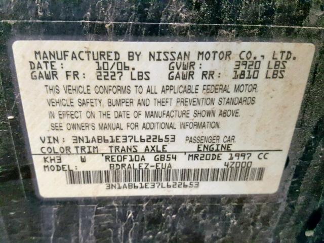 3N1AB61E37L622653 - 2007 NISSAN SENTRA 2.0 BLACK photo 10