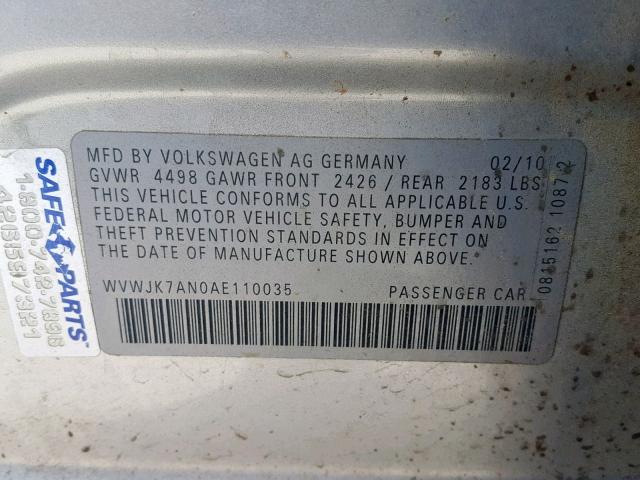 WVWJK7AN0AE110035 - 2010 VOLKSWAGEN PASSAT KOM SILVER photo 10