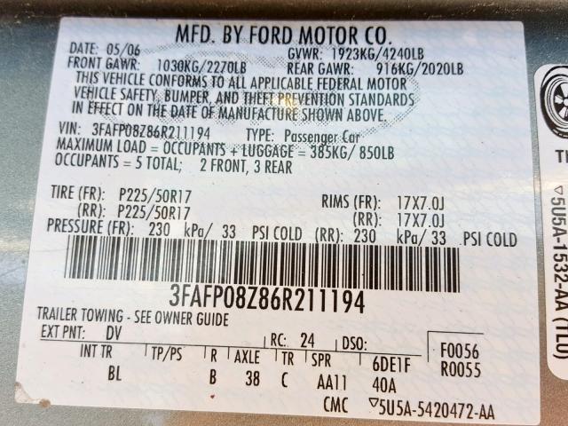 3FAFP08Z86R211194 - 2006 FORD FUSION SEL GREEN photo 10