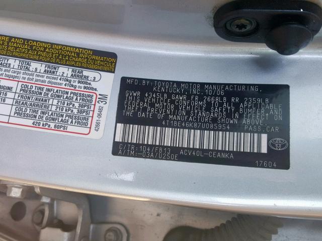 4T1BE46K87U085954 - 2007 TOYOTA CAMRY NEW SILVER photo 10