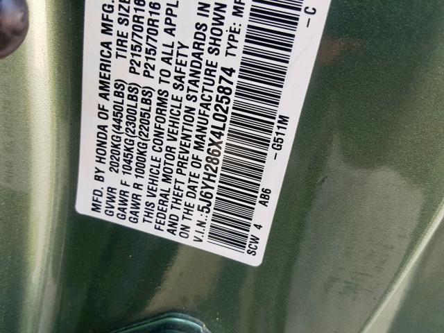 5J6YH286X4L025874 - 2004 HONDA ELEMENT EX GREEN photo 10