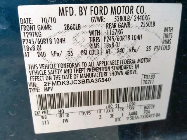 2FMDK3JC3BBA35540 - 2011 FORD EDGE SEL BLUE photo 10