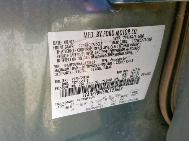 1FAHP28W68G123863 - 2008 FORD TAURUS LIM GREEN photo 10