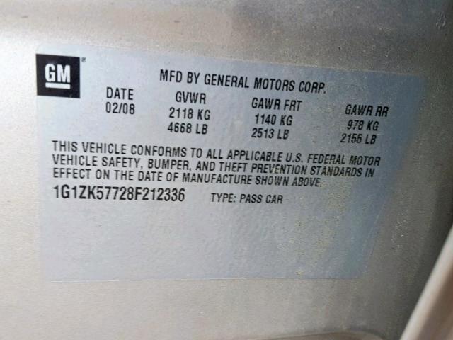 1G1ZK57728F212336 - 2008 CHEVROLET MALIBU LTZ ვერცხლისფერი ფოტო 10