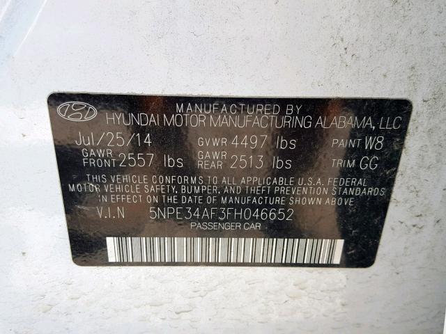 5NPE34AF3FH046652 - 2015 HYUNDAI SONATA SPO WHITE photo 10