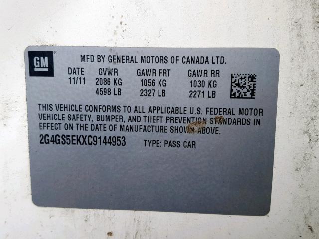 2G4GS5EKXC9144953 - 2012 BUICK REGAL PREM CREAM photo 10