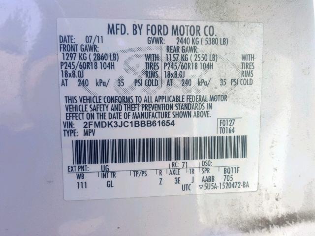 2FMDK3JC1BBB61654 - 2011 FORD EDGE SEL WHITE photo 10