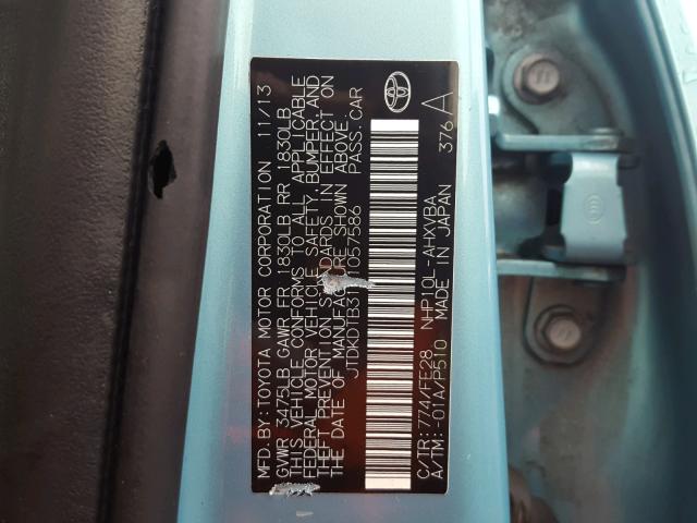 JTDKDTB31D1057586 - 2013 TOYOTA PRIUS C BLUE photo 10