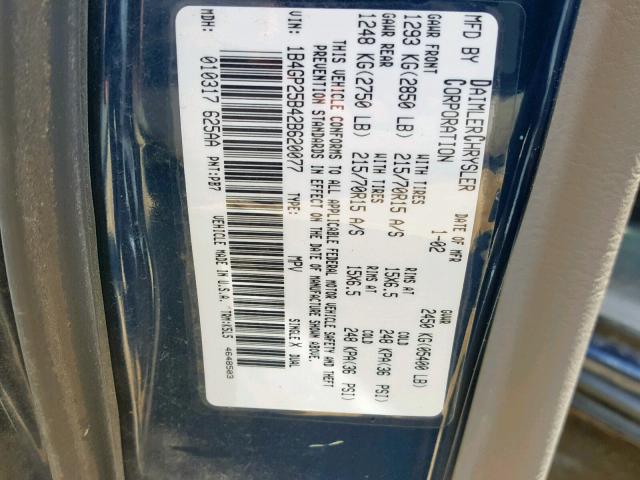 1B4GP25B42B620077 - 2002 DODGE CARAVAN SE BLUE photo 10