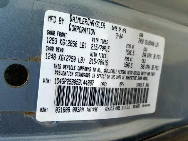 1D4GP25B05B144887 - 2005 DODGE CARAVAN SE BLUE photo 10