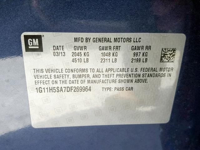 1G11H5SA7DF269964 - 2013 CHEVROLET MALIBU LTZ 蓝色 照片 10