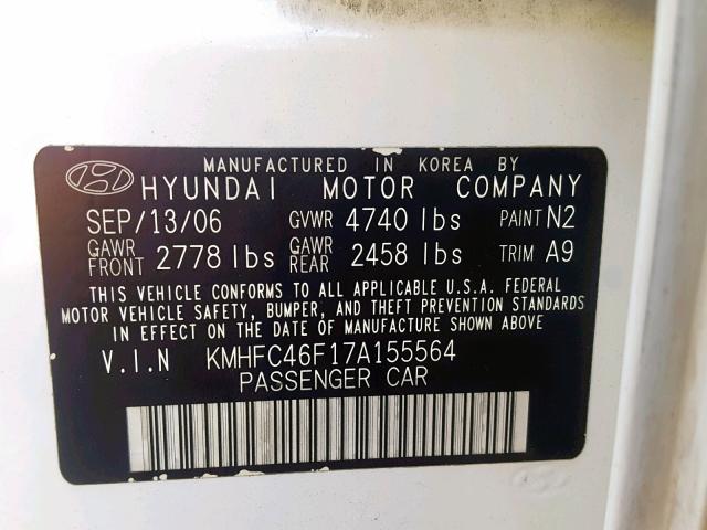 KMHFC46F17A155564 - 2007 HYUNDAI AZERA SE WHITE photo 10