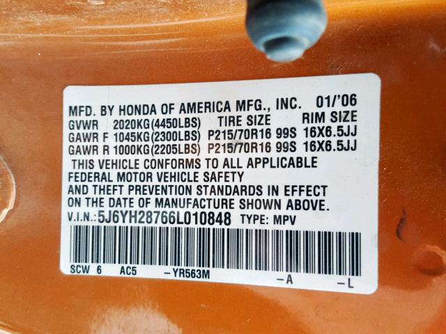 5J6YH28766L010848 - 2006 HONDA ELEMENT EX ORANGE photo 10