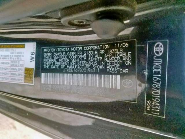 JTKDE167870194311 - 2007 TOYOTA SCION TC შავი ფოტო 10