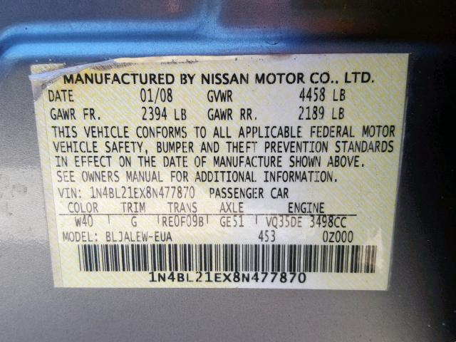 1N4BL21EX8N477870 - 2008 NISSAN ALTIMA 3.5 GRAY photo 10