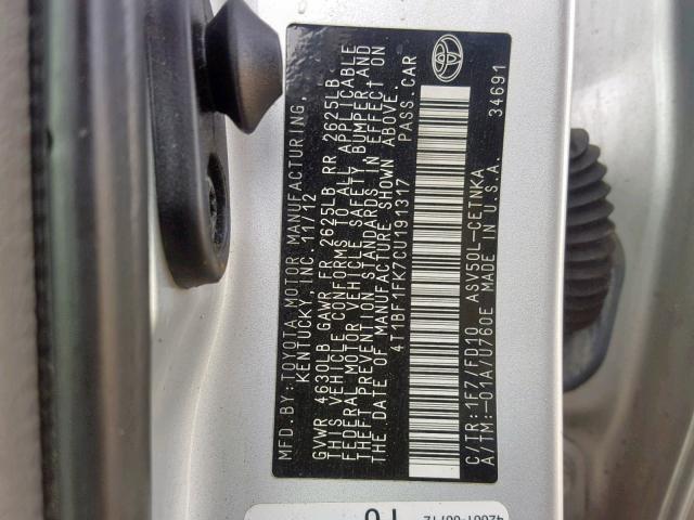4T1BF1FK7CU191317 - 2012 TOYOTA CAMRY BASE SILVER photo 10
