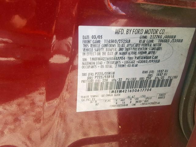 1MEFM42165G617704 - 2005 MERCURY MONTEGO PR MAROON photo 10