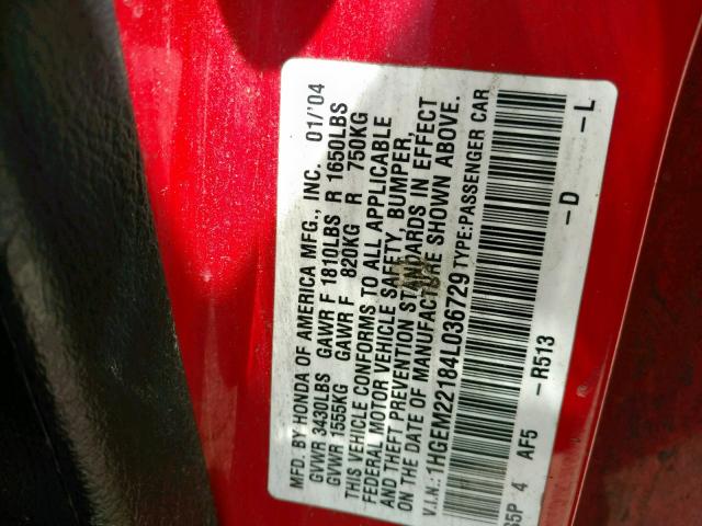 1HGEM22184L036729 - 2004 HONDA CIVIC DX V RED photo 10