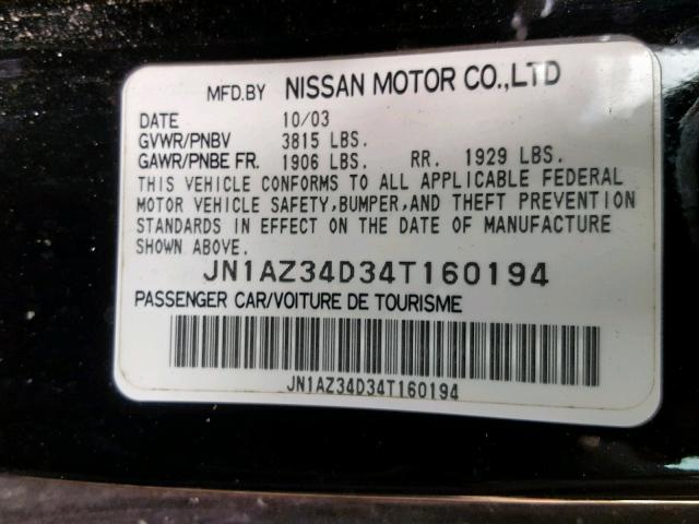 JN1AZ34D34T160194 - 2004 NISSAN 350Z COUPE BLACK photo 10