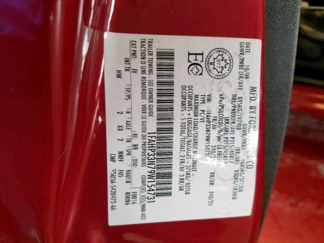 1FAHP33N79W154731 - 2009 FORD FOCUS SES RED photo 10