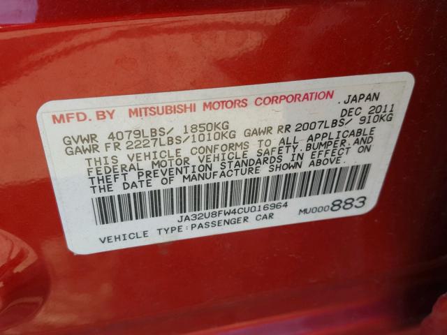 JA32U8FW4CU016964 - 2012 MITSUBISHI LANCER GT RED photo 10